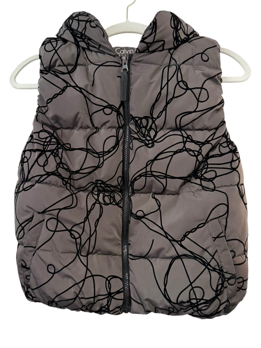Calvin Klein Performance Small Gray Black Velvet Flocked Hooded Puffer Vest